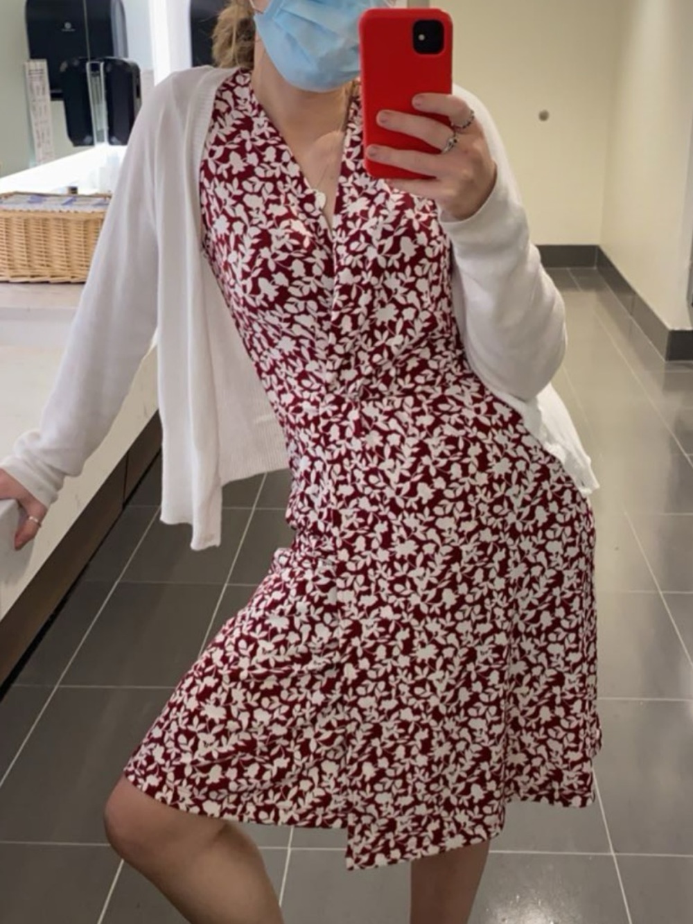 Banana Republic Burgundy and White Floral Sleeveless V-Neck Midi Dress